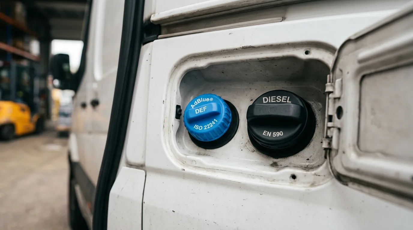 Wlew AdBlue w busie dostawczym z niebieską nakrętką – zbliżenie na korek obok wlewu paliwa