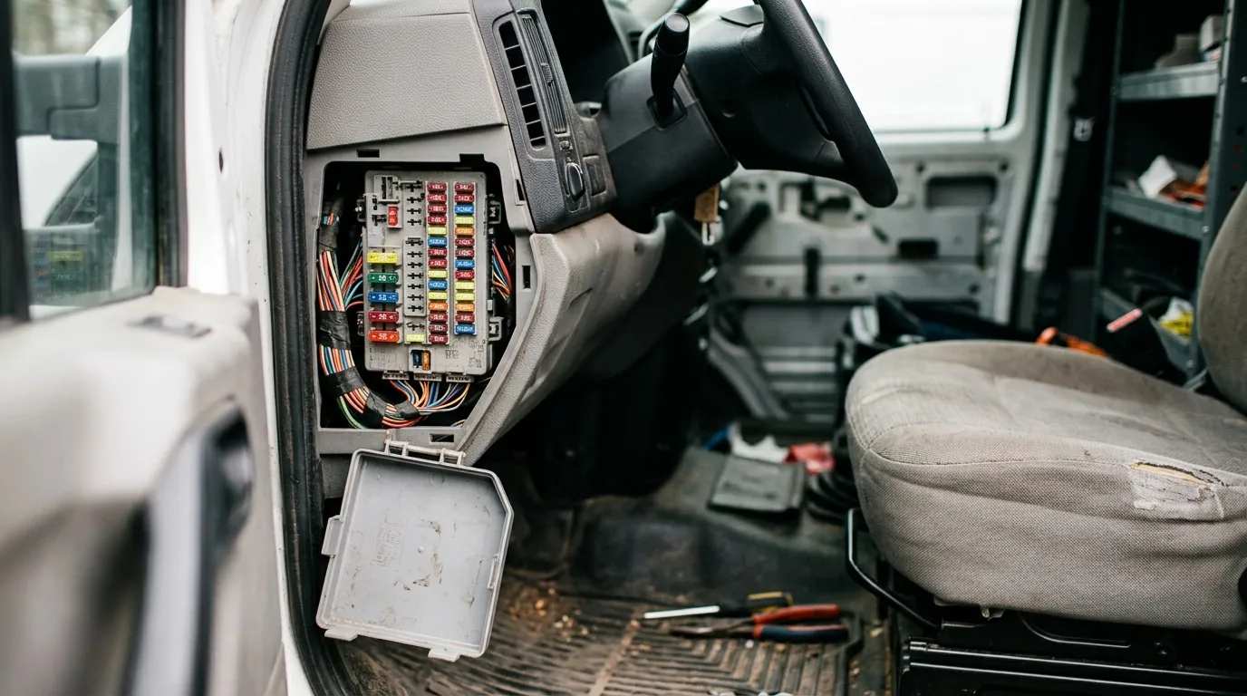 Otwarta skrzynka bezpieczników w busie dostawczym z kolorowymi bezpiecznikami płytkowymi