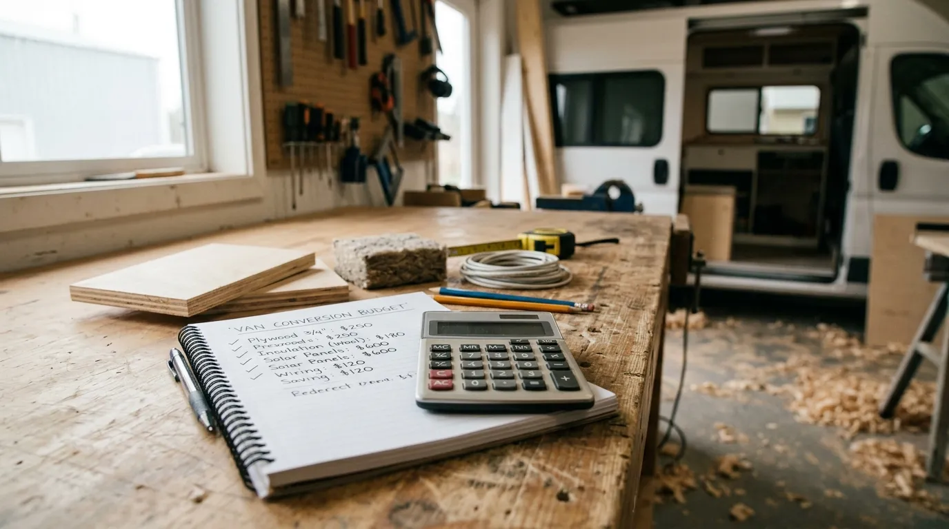 Koszty budowy kampera – kalkulator i materiały na stole warsztatowym