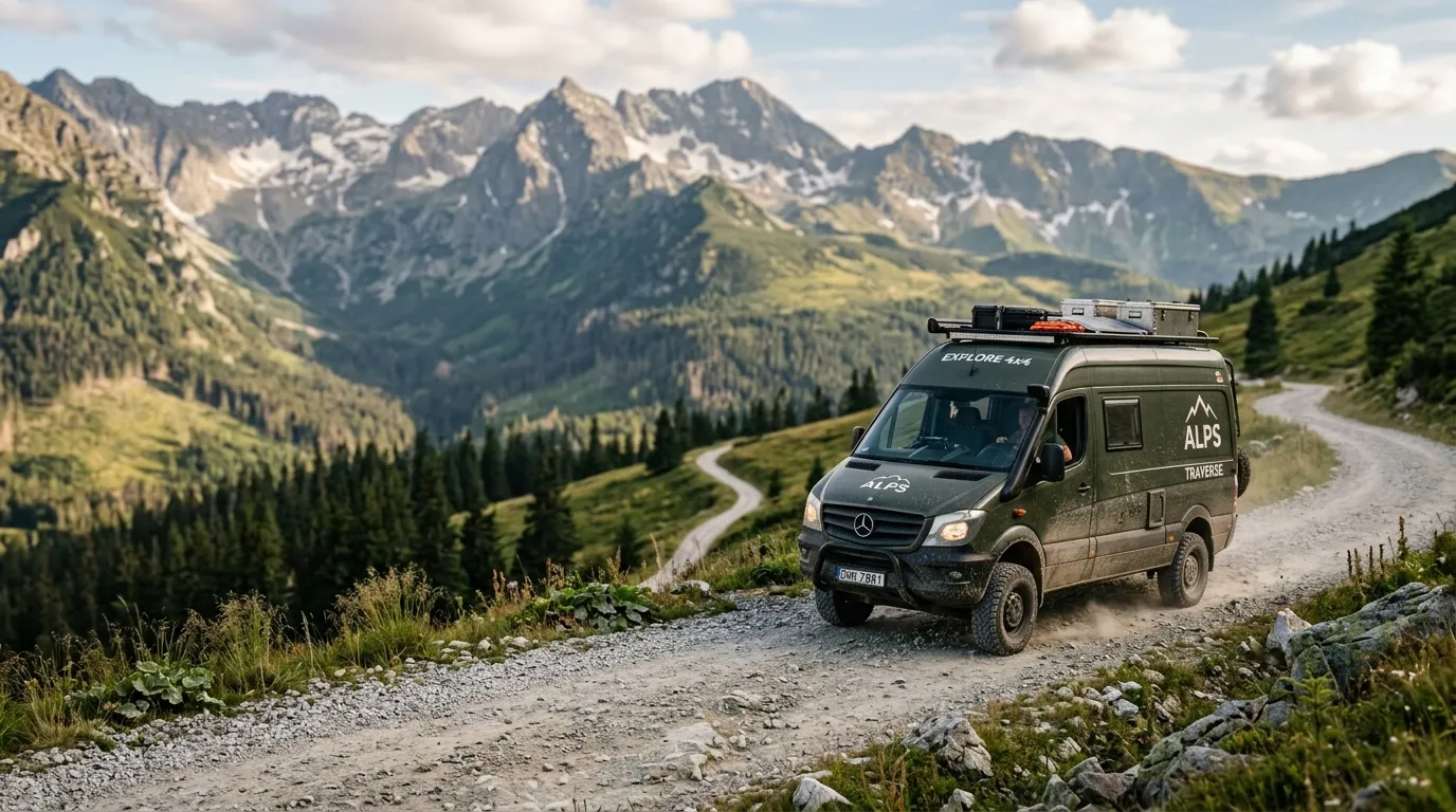 Bus kamper 4x4 na szutrowej drodze w górach – terenowy kamper offroad