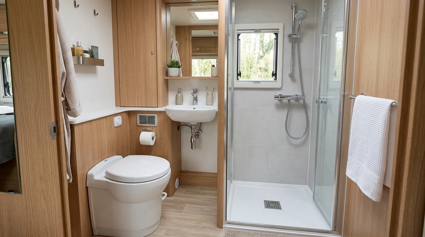 Łazienka w busie kamperze – toaleta kasetowa i prysznic z odpływem