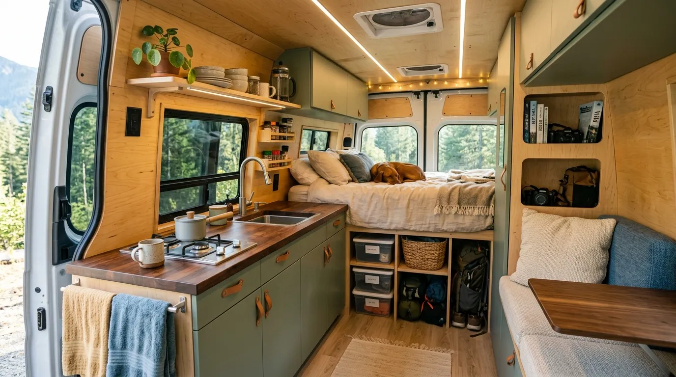 Bus przerobiony na kampera – gotowe wnętrze z łóżkiem i kuchnią