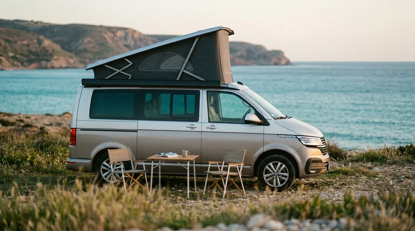 Wynajem camper vana – VW California zaparkowany nad morzem
