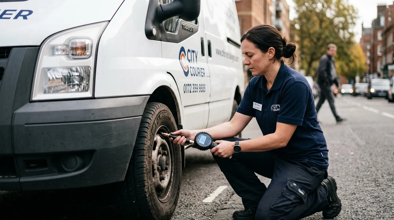 Kierowca sprawdza ciśnienie w oponie busa dostawczego za pomocą manometru cyfrowego