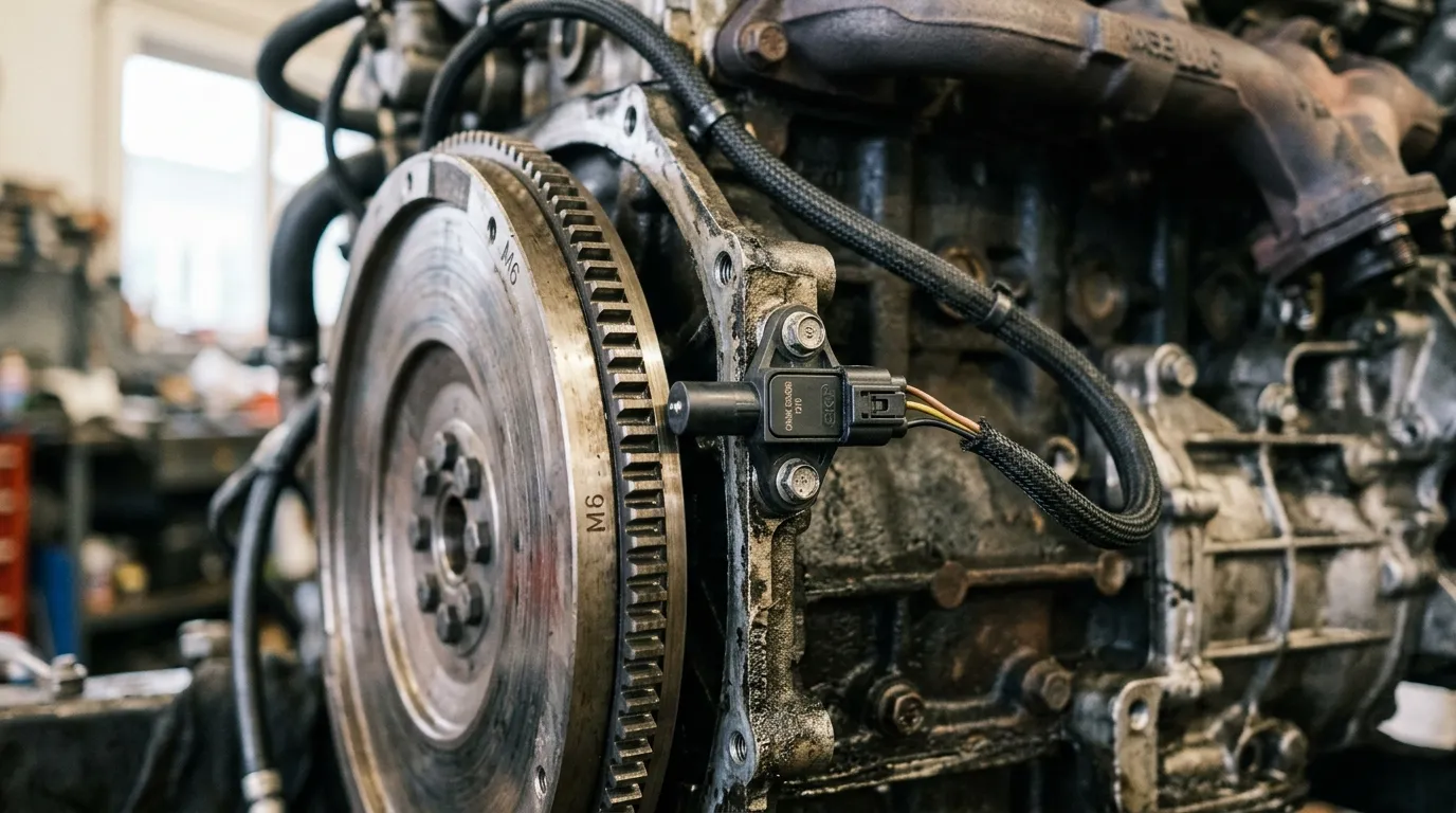 Czujnik położenia wału korbowego CKP zamontowany przy kole zamachowym