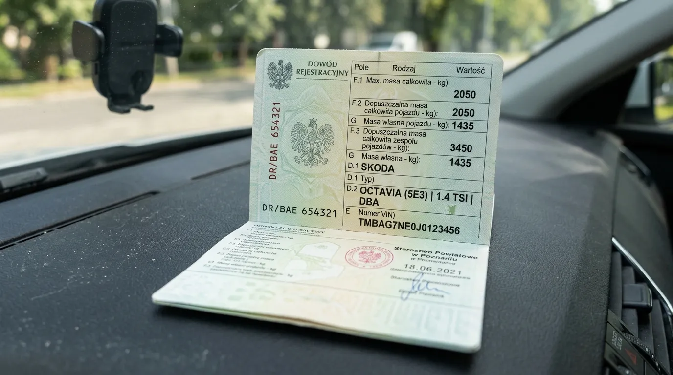 Dowód rejestracyjny z zaznaczonym polem F.2 dopuszczalnej masy całkowitej