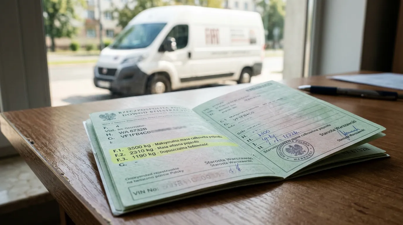 Dowód rejestracyjny z zaznaczonymi polami F.1, F.2 i F.3 dotyczącymi DMC pojazdu