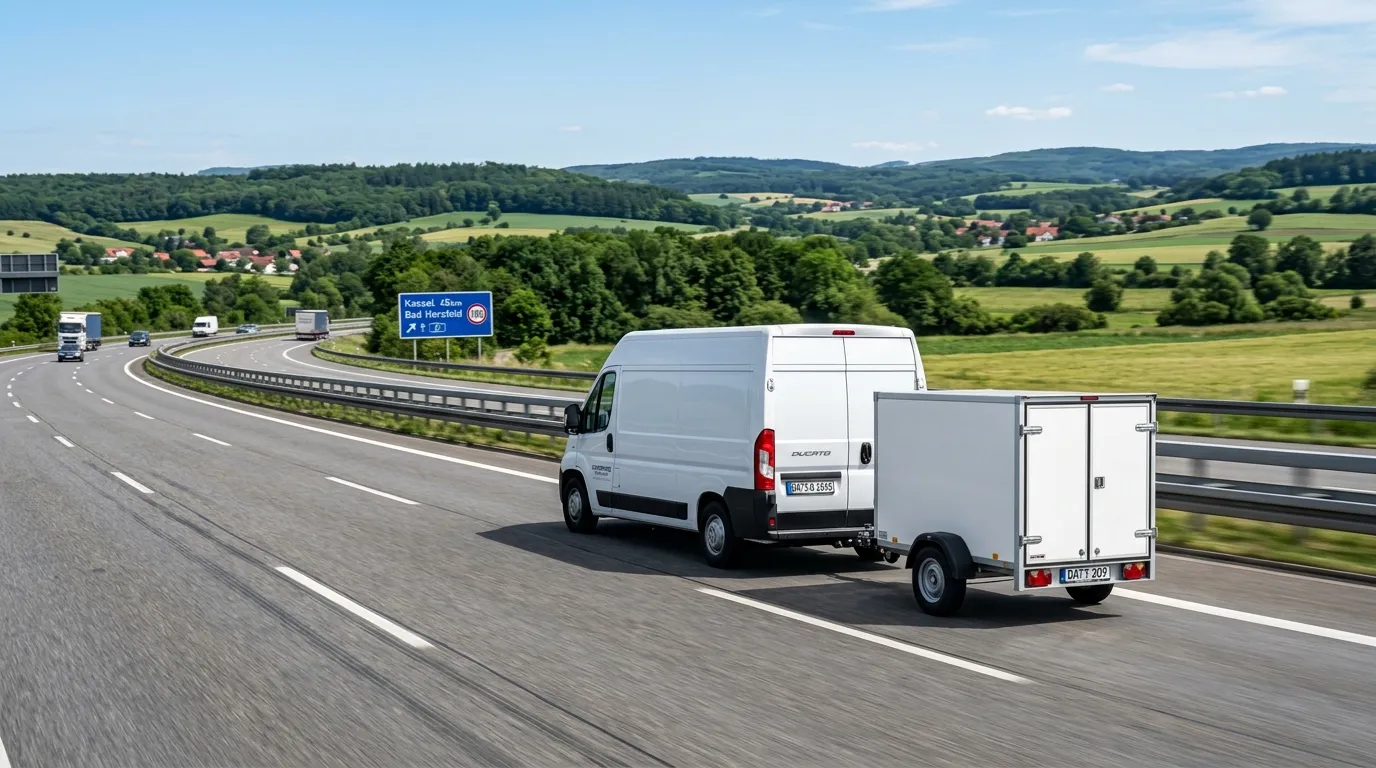 Bus dostawczy z przyczepą na europejskiej autostradzie