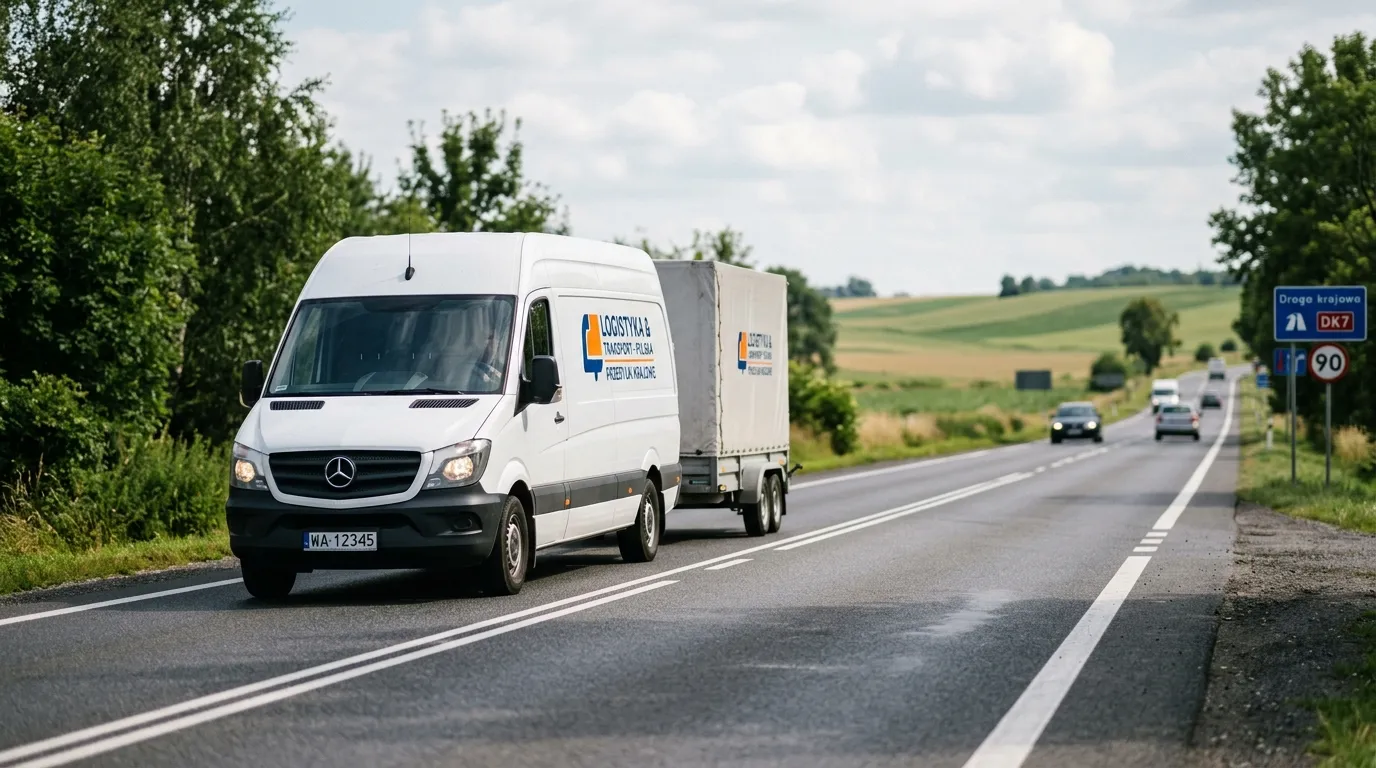 Bus dostawczy z przyczepą na drodze krajowej