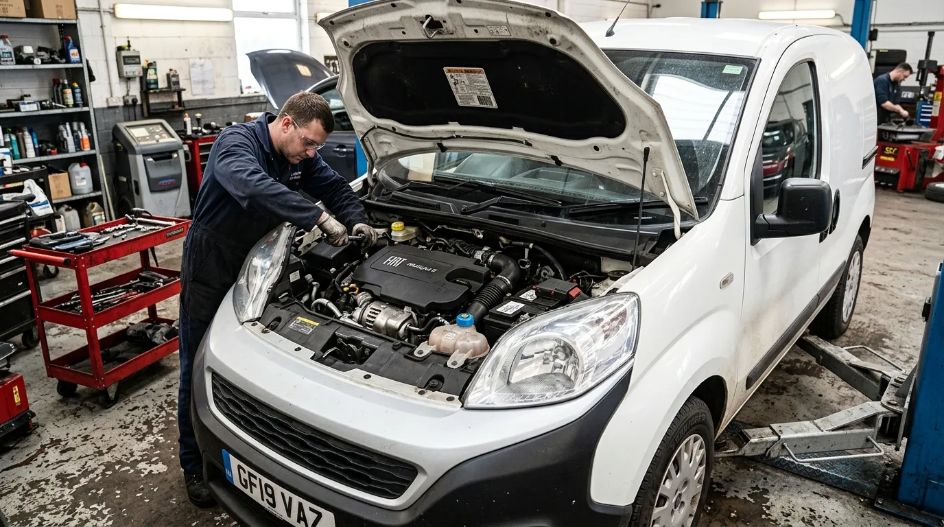 Fiat Fiorino III z silnikiem 1.3 MultiJet – widok z przodu na tle warsztatu