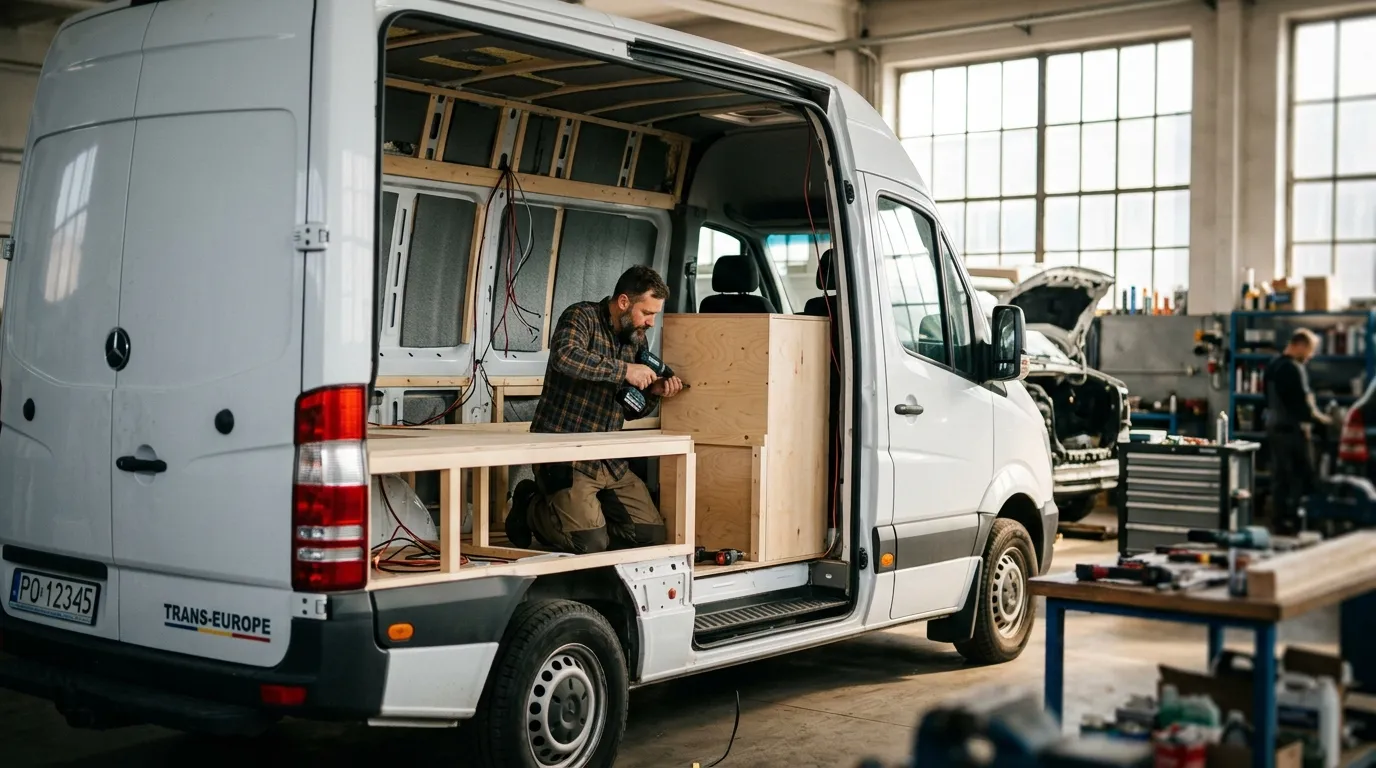 Bus dostawczy w trakcie przeróbki na kampera w warsztacie