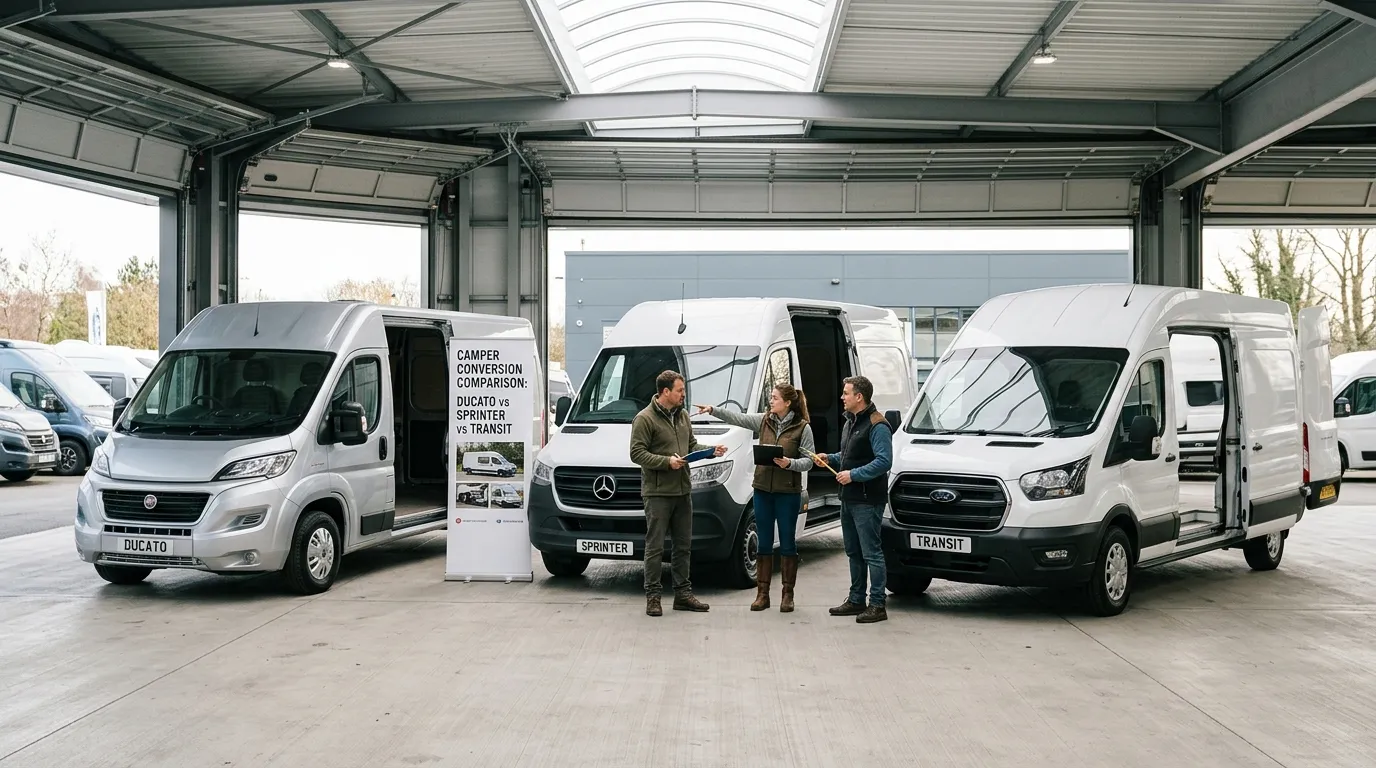 Porównanie busów Fiat Ducato, Mercedes Sprinter i Ford Transit stojących obok siebie