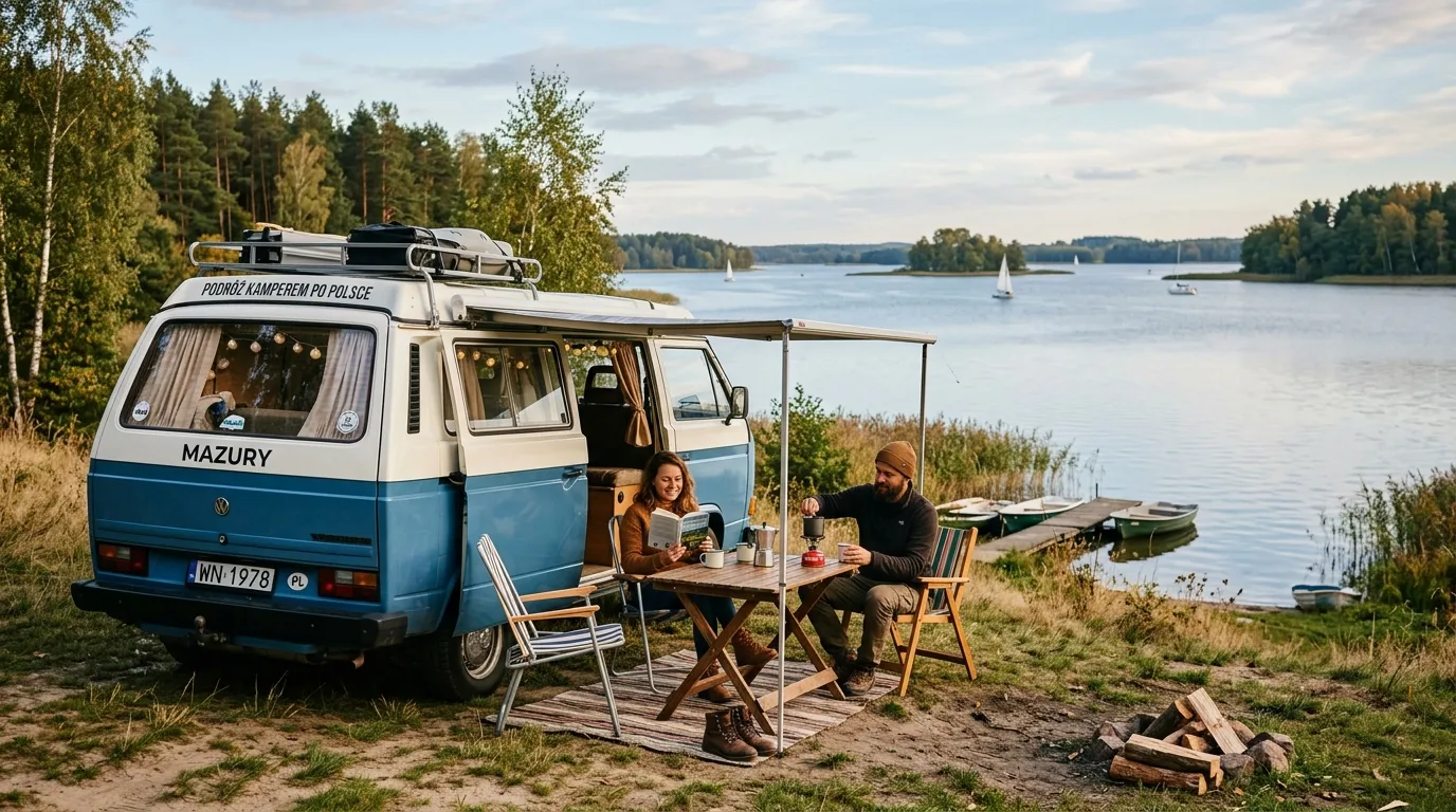 Kamper zaparkowany nad jeziorem na Mazurach – podróż kamperem po Polsce