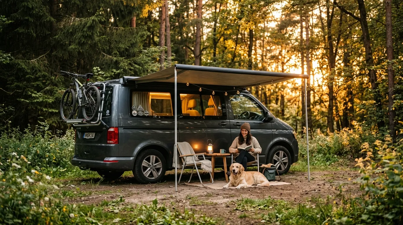 Kamper zaparkowany na leśnej polanie o zachodzie słońca – widok z boku z rozłożoną markizą