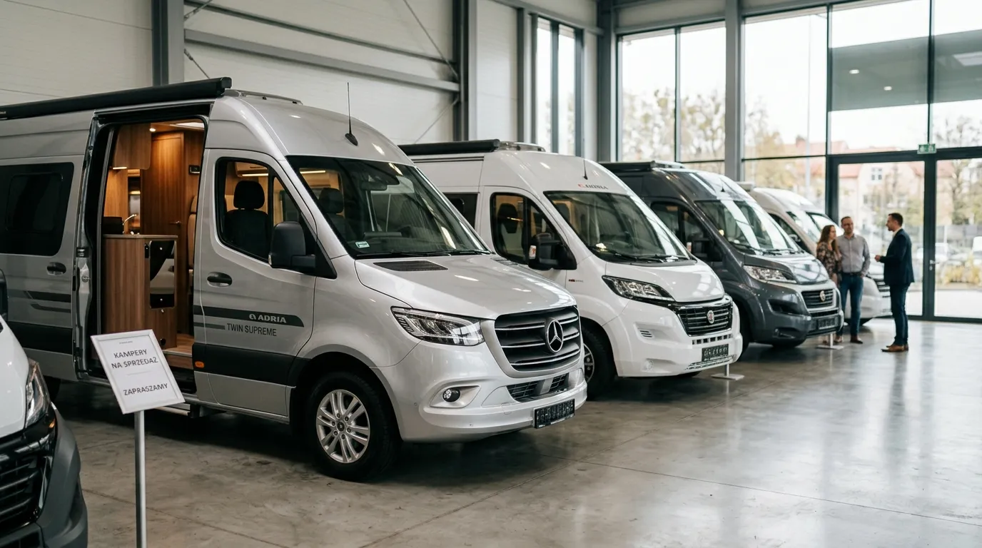 Kampery na sprzedaż – rząd camper vanów w salonie dealerskim