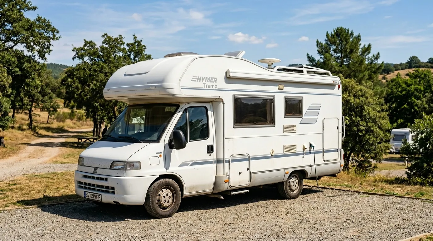 Używany kamper profilowany na parkingu podczas oględzin przed zakupem