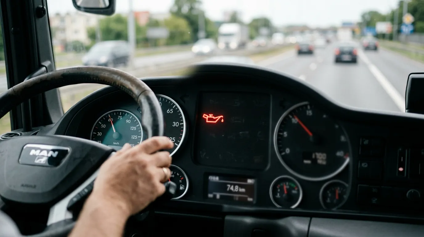 Kontrolka oleju na desce rozdzielczej busa – czerwony symbol olejki na tle wskaźników
