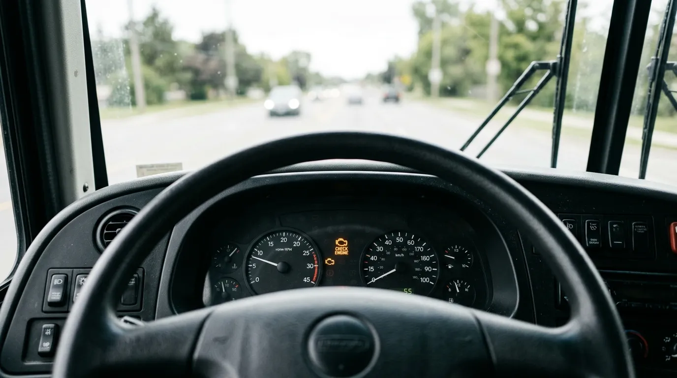 Deska rozdzielcza busa z podświetloną kontrolką silnika – widok zza kierownicy
