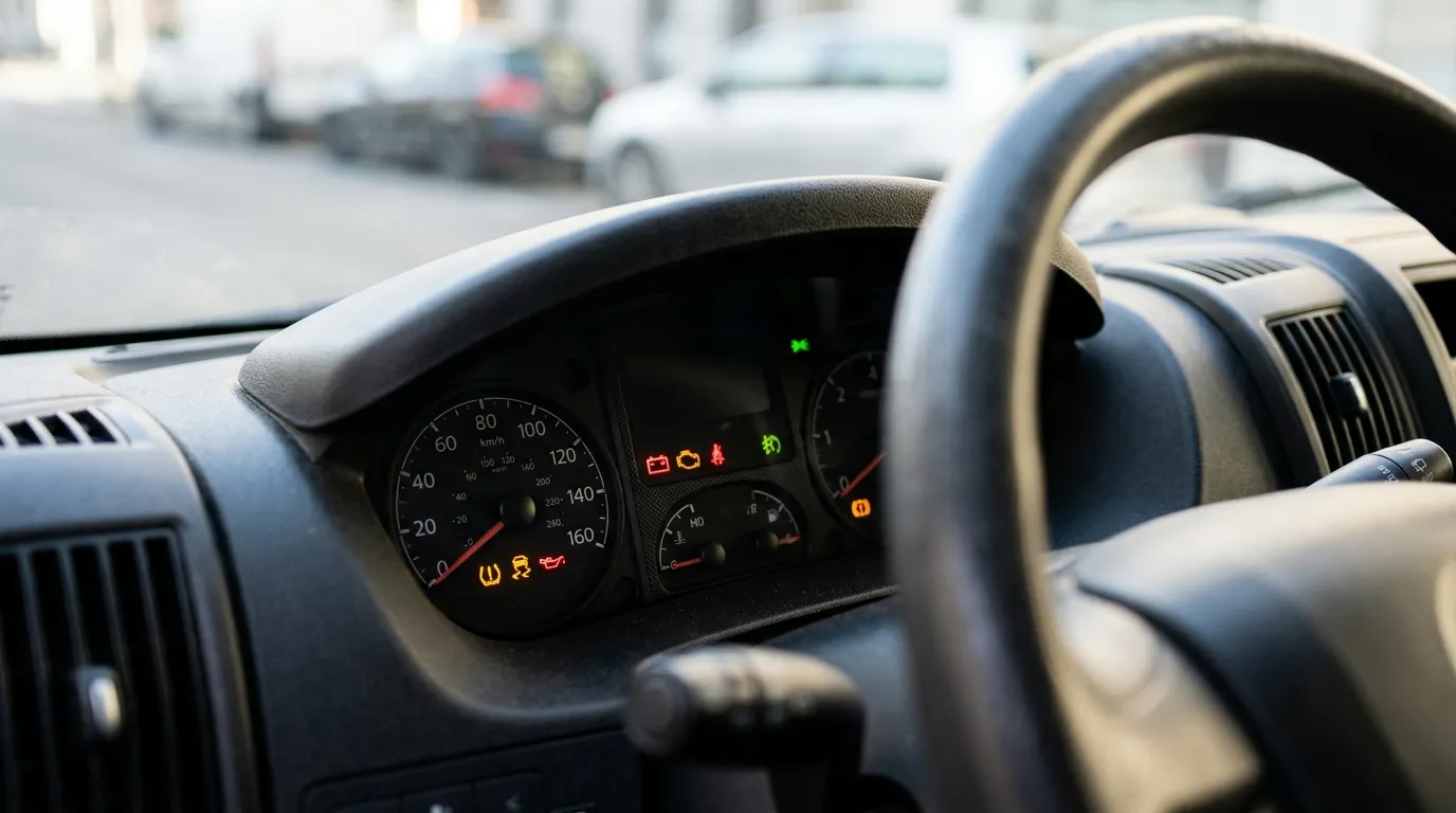 Deska rozdzielcza busa dostawczego z podświetlonymi kontrolkami ostrzegawczymi w różnych kolorach