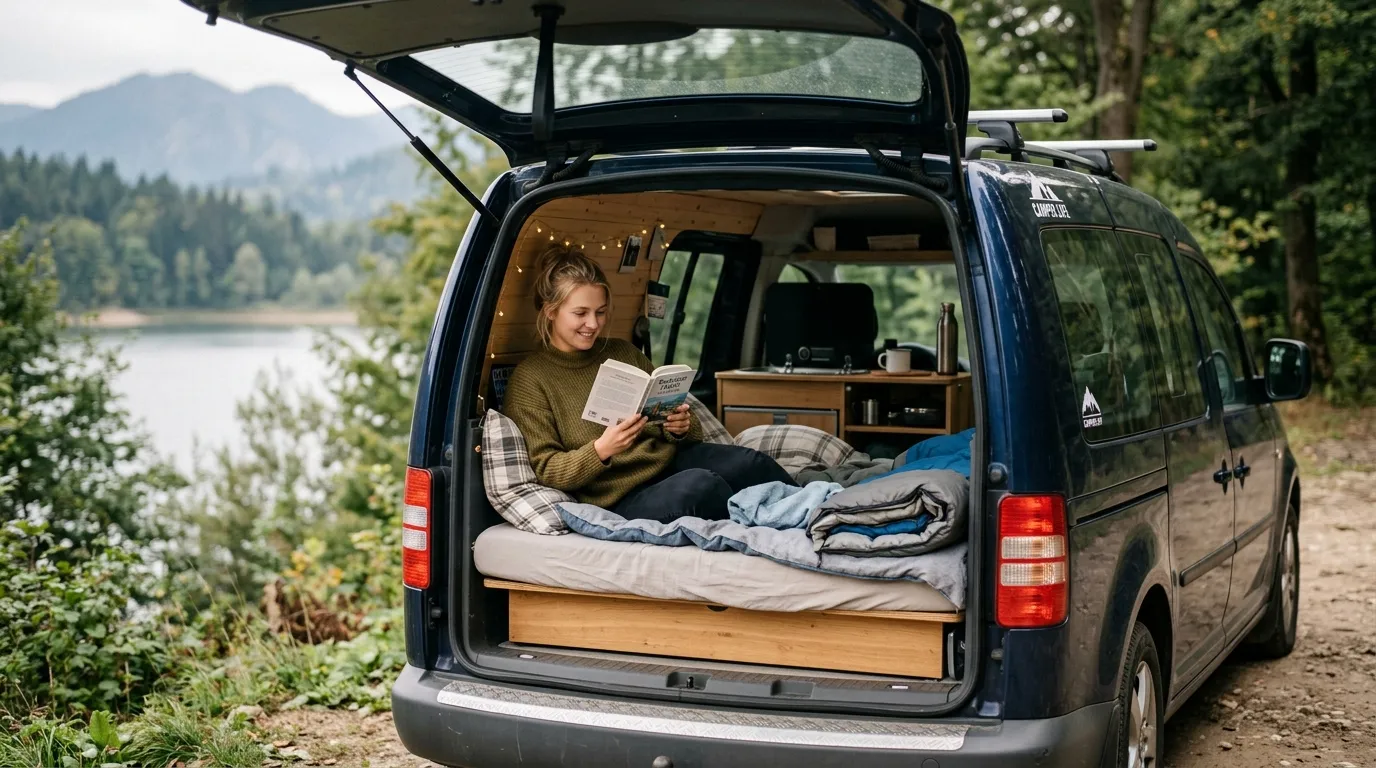 Mini kamper na bazie VW Caddy Maxi z rozłożonym łóżkiem