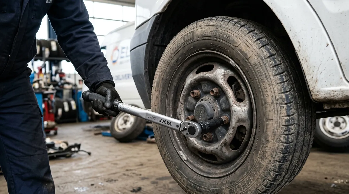 Klucz dynamometryczny dokręcający śrubę koła w busie dostawczym – zbliżenie na felgę