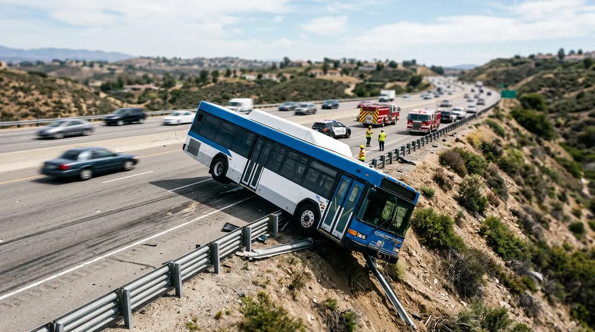 BusManiak.pl – Bus zawisł na barierkach przy drodze wojewódzkiej 443