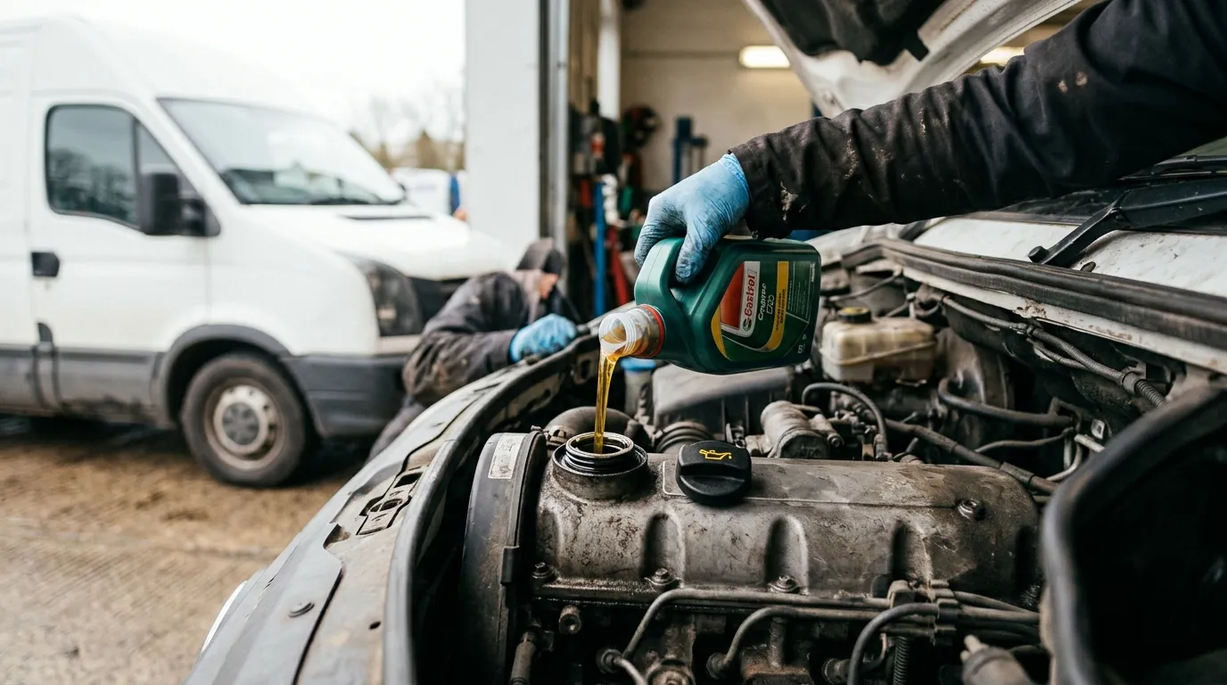 Wlew oleju silnikowego w busie dostawczym