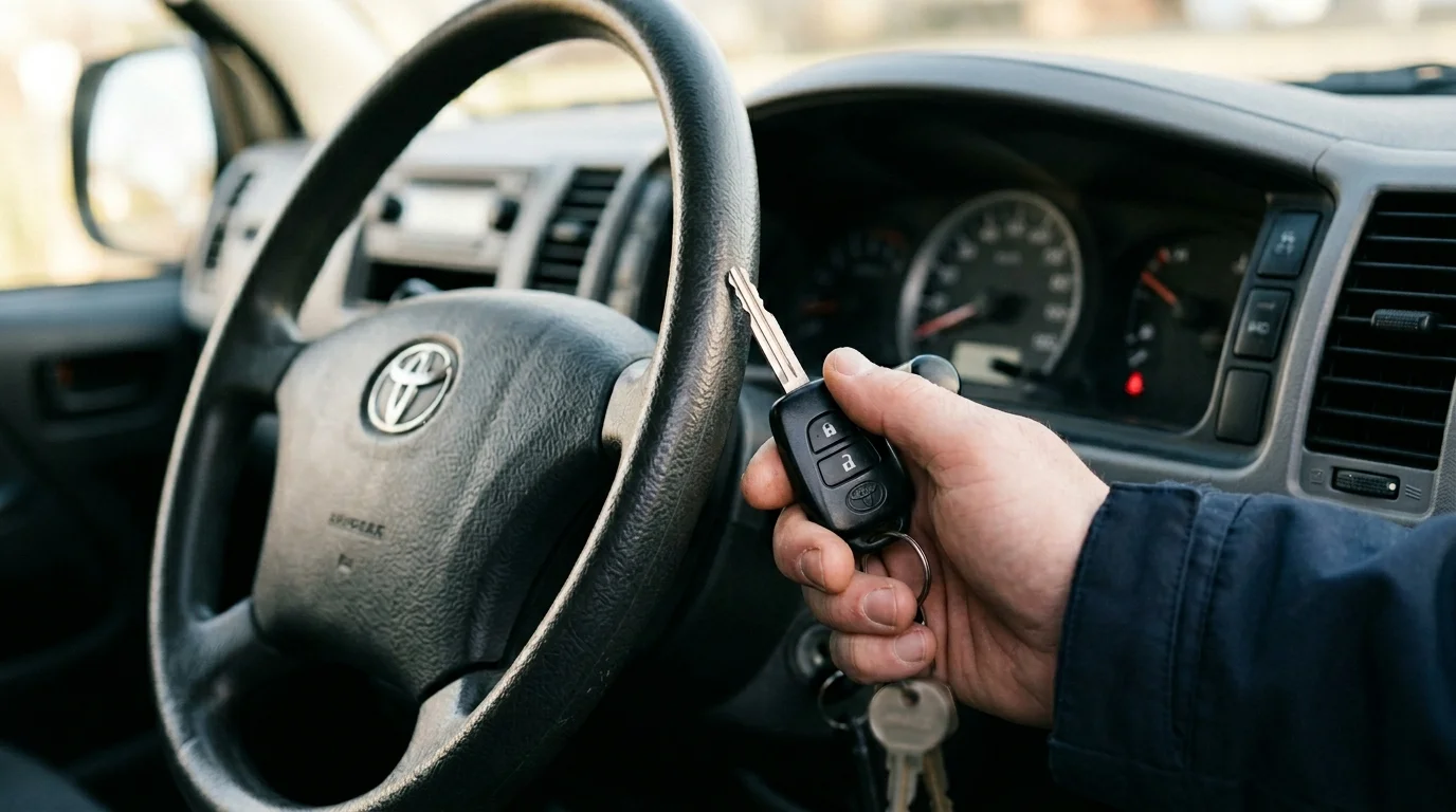 Kluczyki samochodowe i prawo jazdy kategorii B obok busa dostawczego