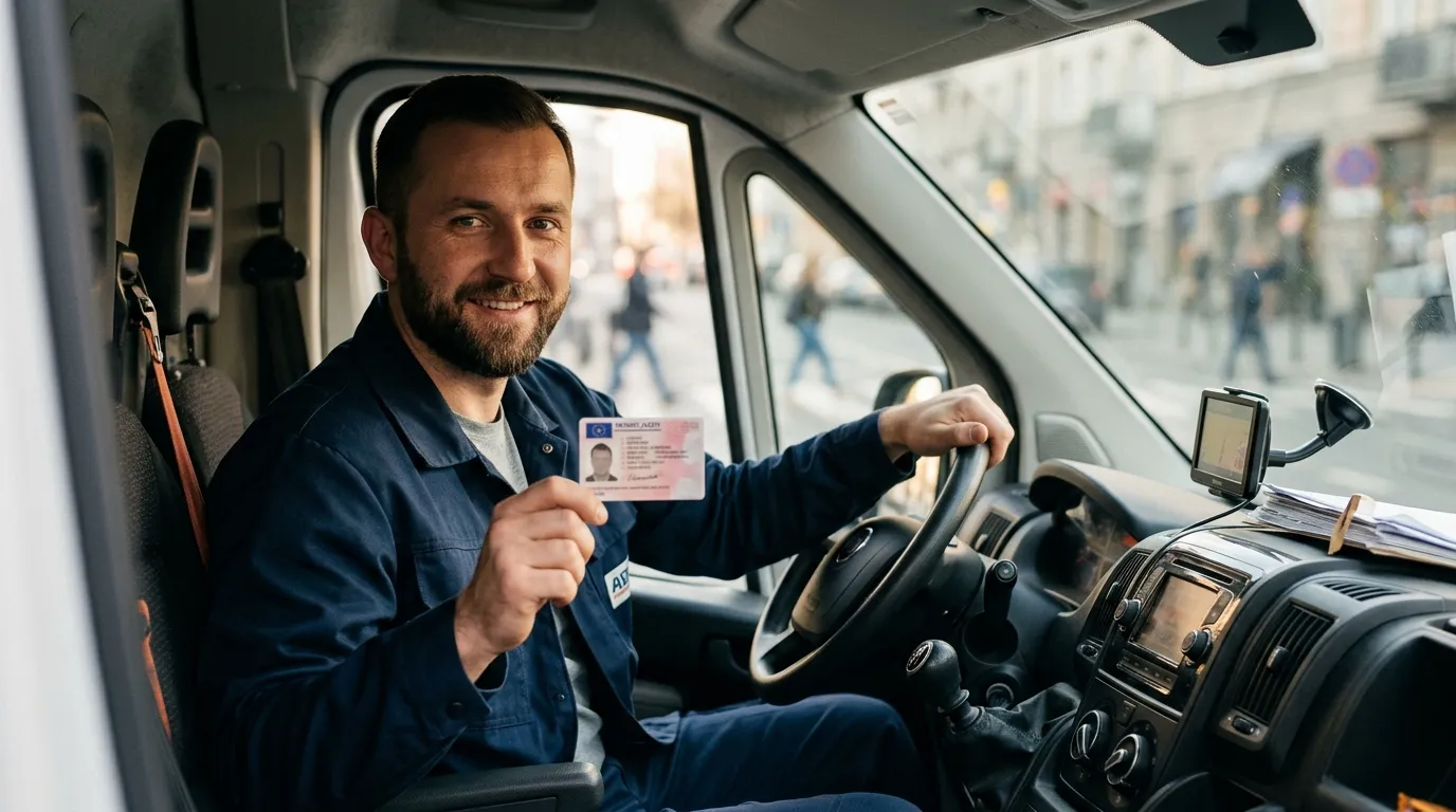Kierowca busa dostawczego za kierownicą z prawem jazdy