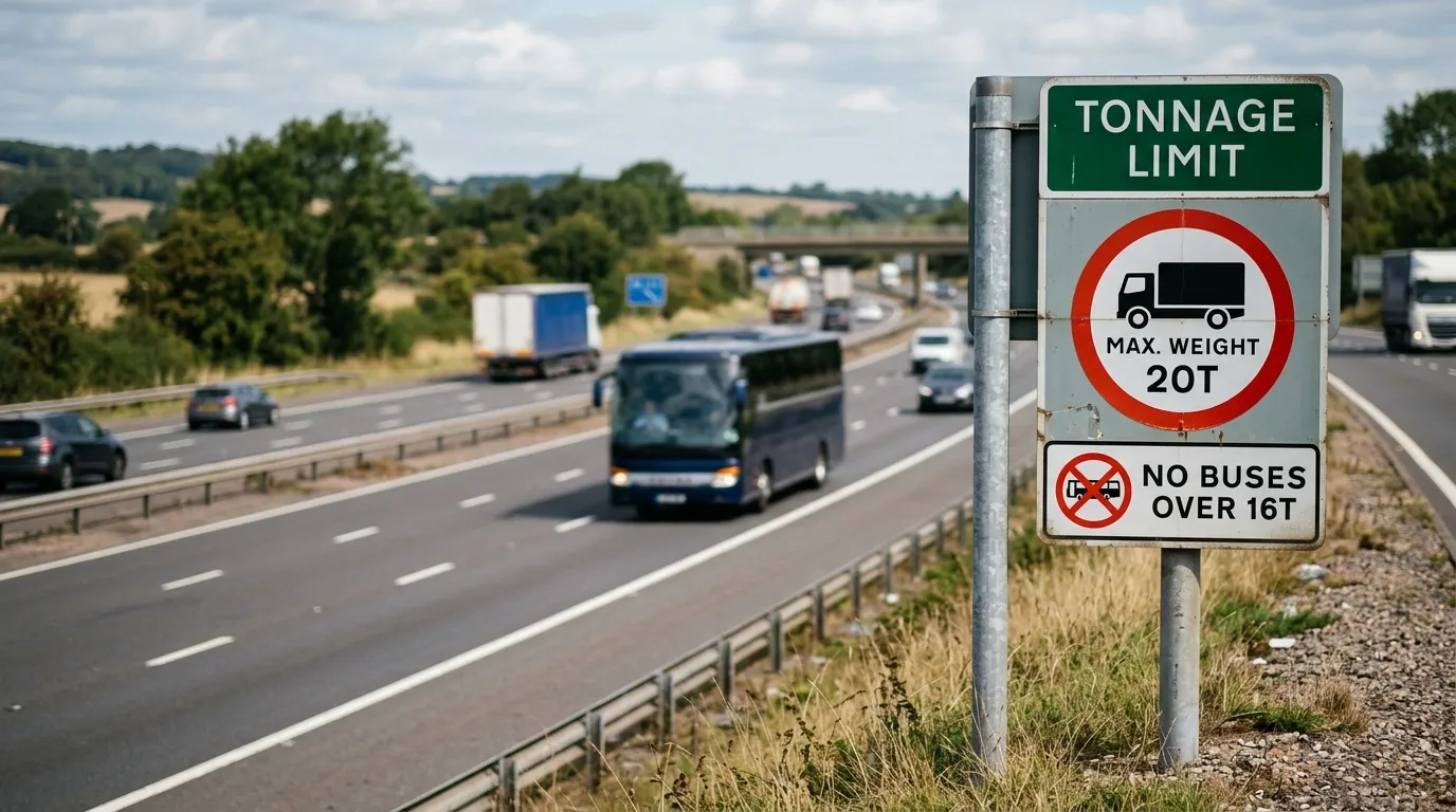 Tablica informacyjna z ograniczeniem tonażu na tle drogi ekspresowej – symbolika przepisów drogowych dla busów