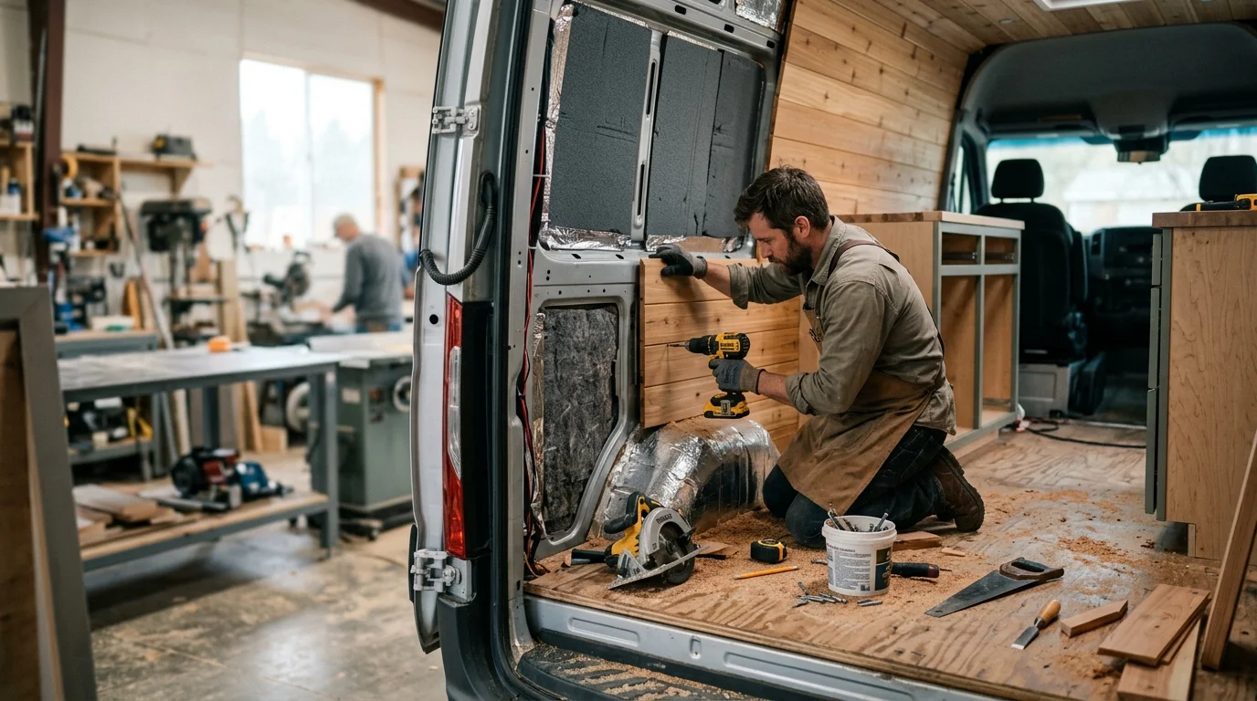 Przeróbka busa na kampera – wnętrze w budowie