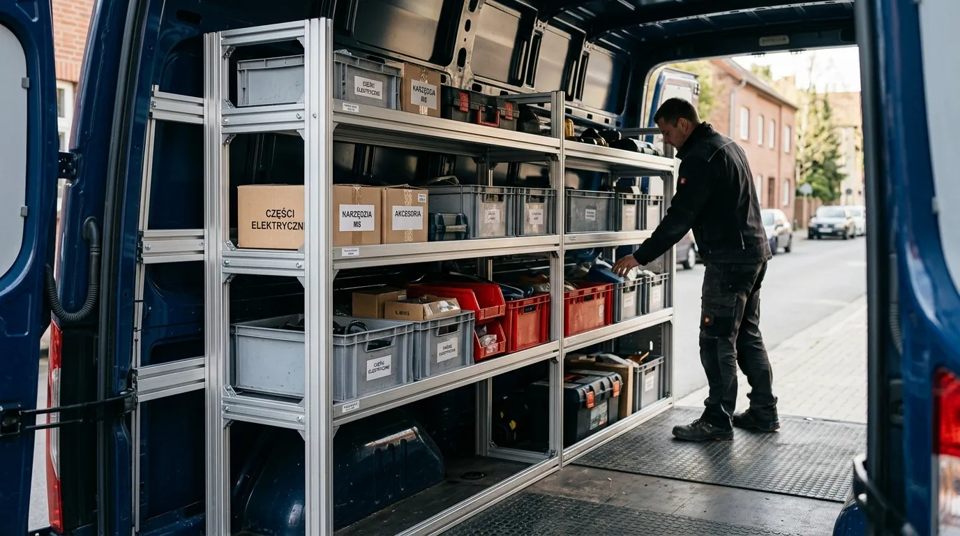 Modułowe regały aluminiowe zamontowane w busie dostawczym