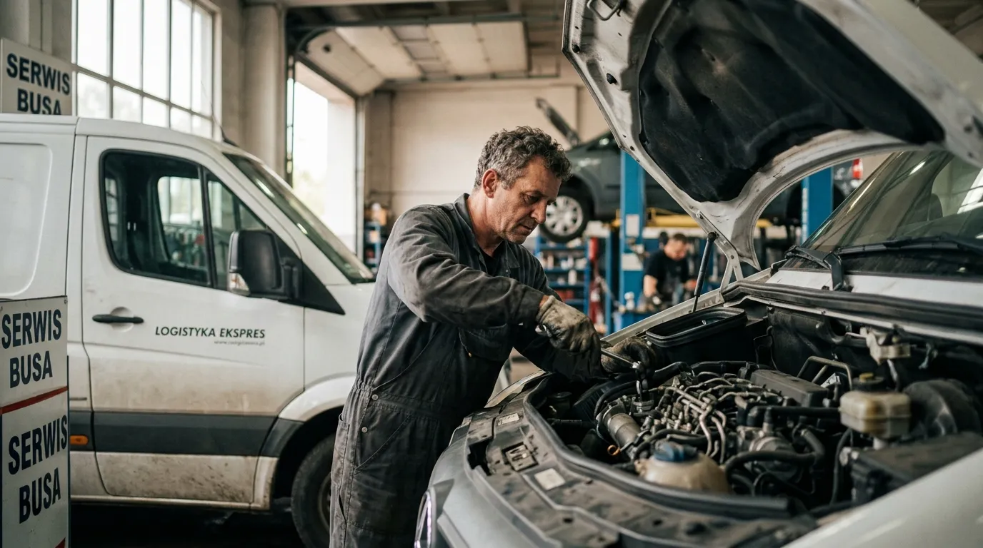 Serwis busa – mechanik przy silniku dostawczaka