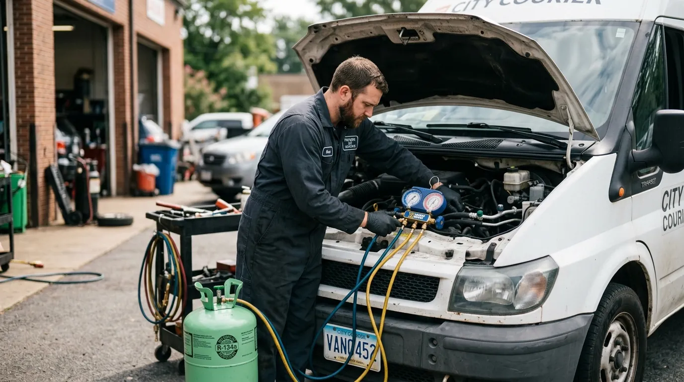 Serwis klimatyzacji w busie dostawczym – napełnianie czynnika chłodniczego