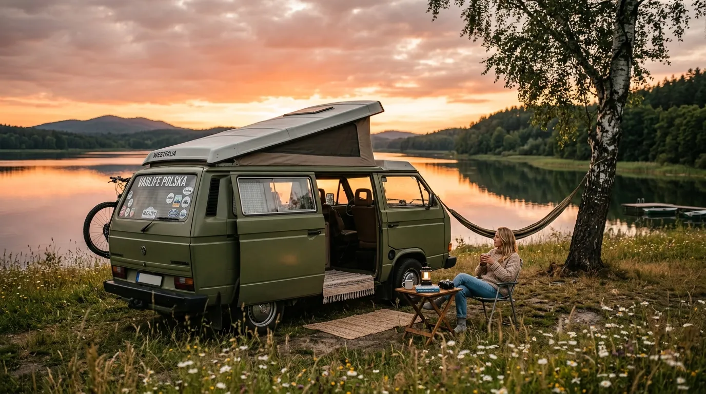 Bus kamper zaparkowany nad jeziorem o zachodzie słońca – vanlife w Polsce