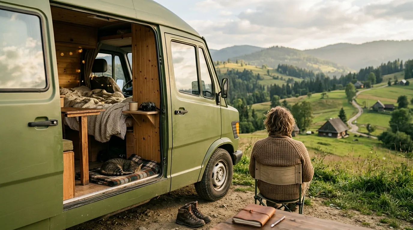 Bus kamper z otwartymi drzwiami na tle polskiego krajobrazu – vanlife jak zacząć