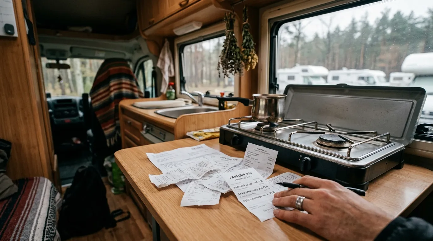 Wnętrze kampera z kuchenką i rachunkami – koszty vanlife w Polsce