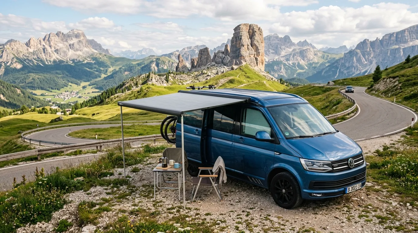 Volkswagen California z podnoszonym dachem na kempingu
