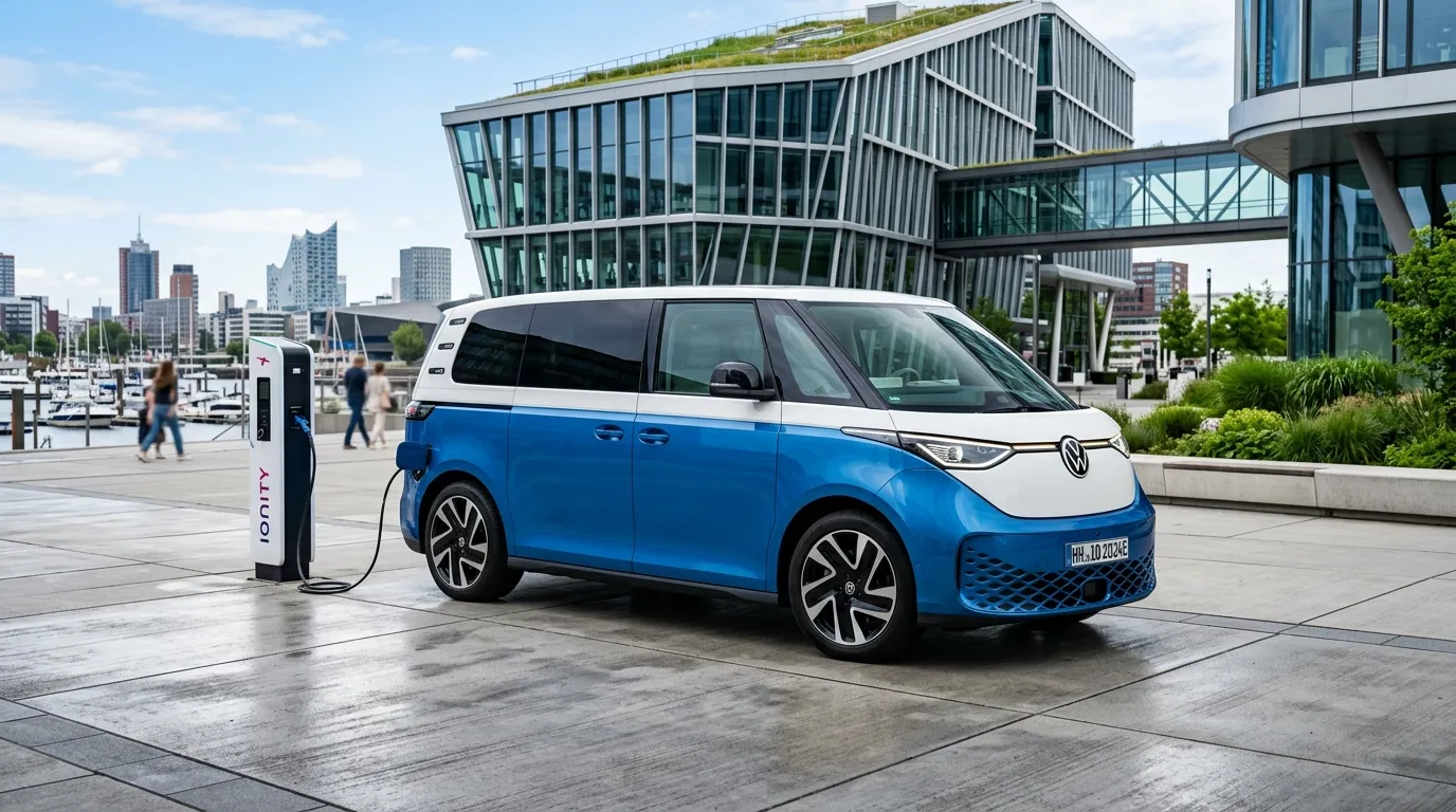 Volkswagen ID. Buzz w kolorze żółtym na tle nowoczesnego miasta