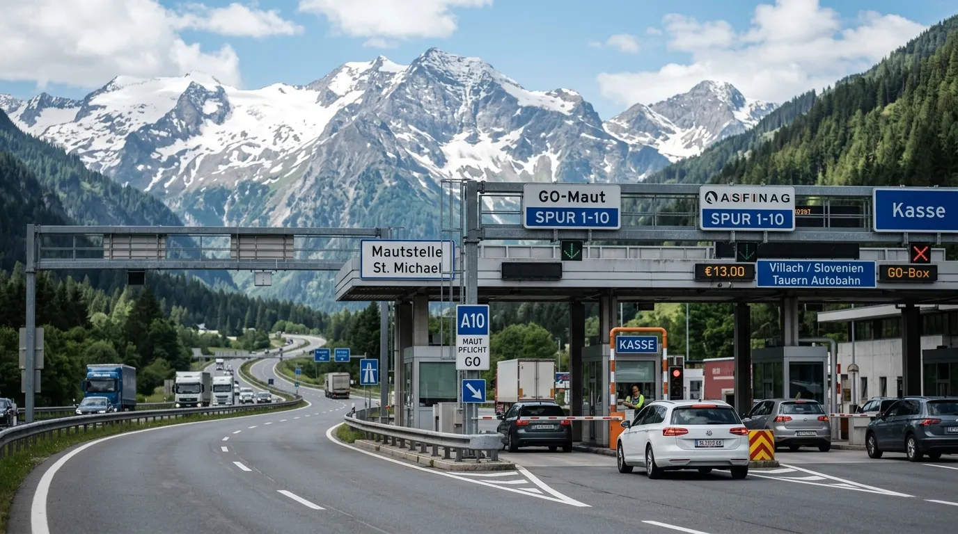 Austriacka autostrada z widokiem na Alpy i bramka poboru oplat