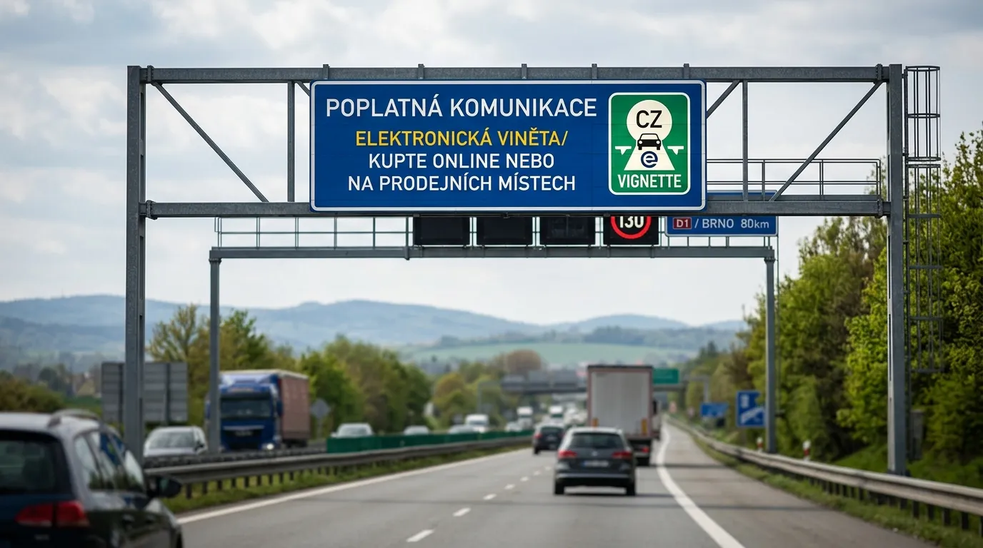 Tablica informacyjna na czeskiej autostradzie z symbolem winiety elektronicznej