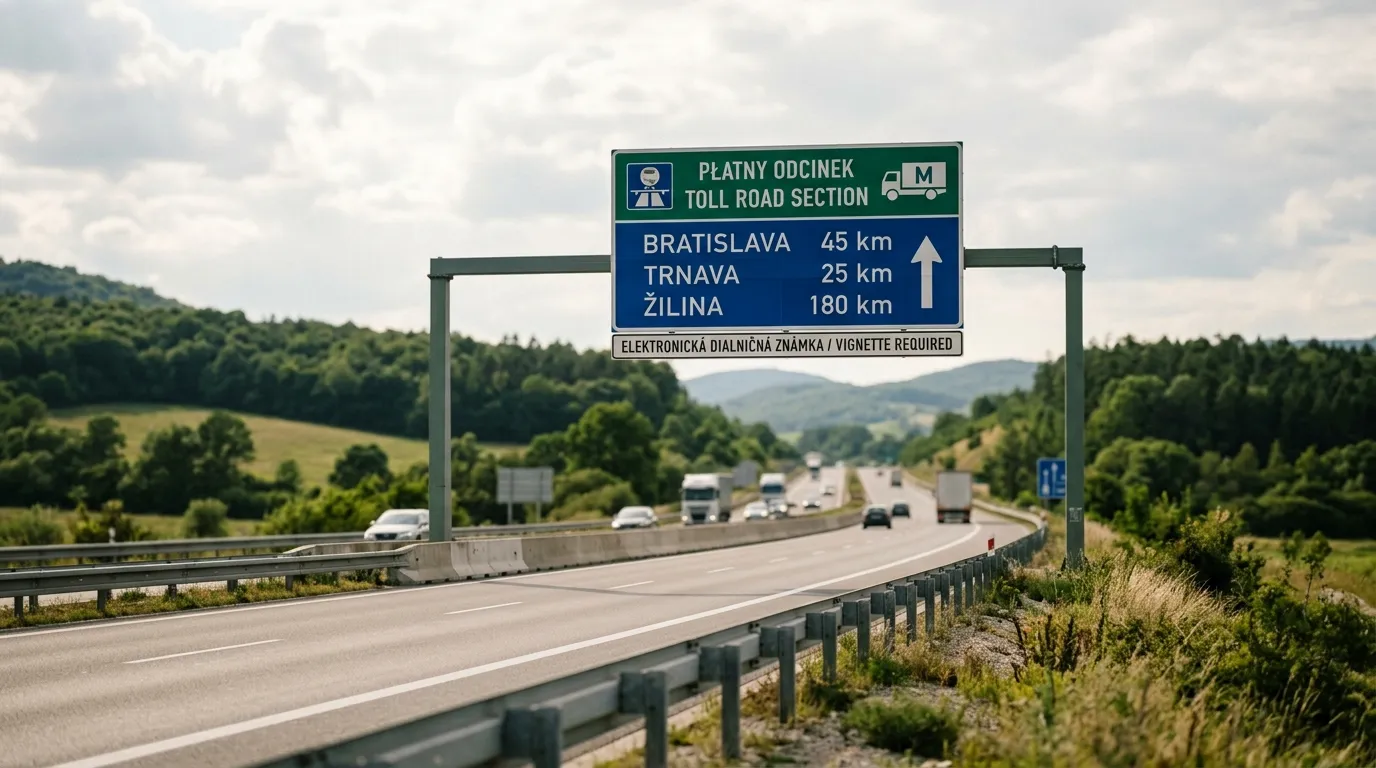 Slowacka autostrada z oznakowaniem platnego odcinka i tablica informacyjna