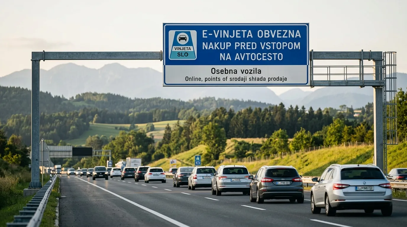 Słoweńska autostrada z tablicą informacyjną o e-winiecie