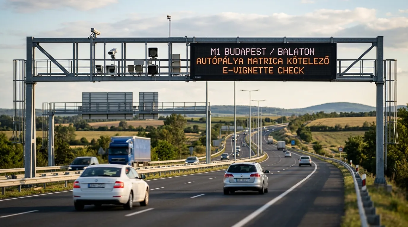 Wegierska autostrada z elektroniczna tablica informacyjna i bramka kontrolna