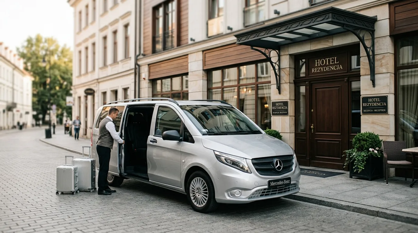 Bus 9-osobowy zaparkowany przed hotelem