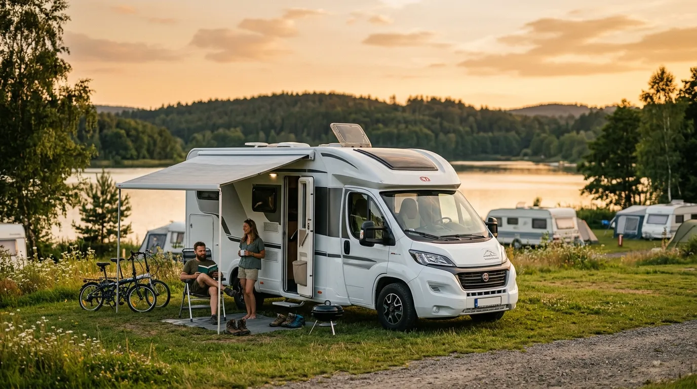 Wynajem kampera – kamper zaparkowany na kempingu nad jeziorem