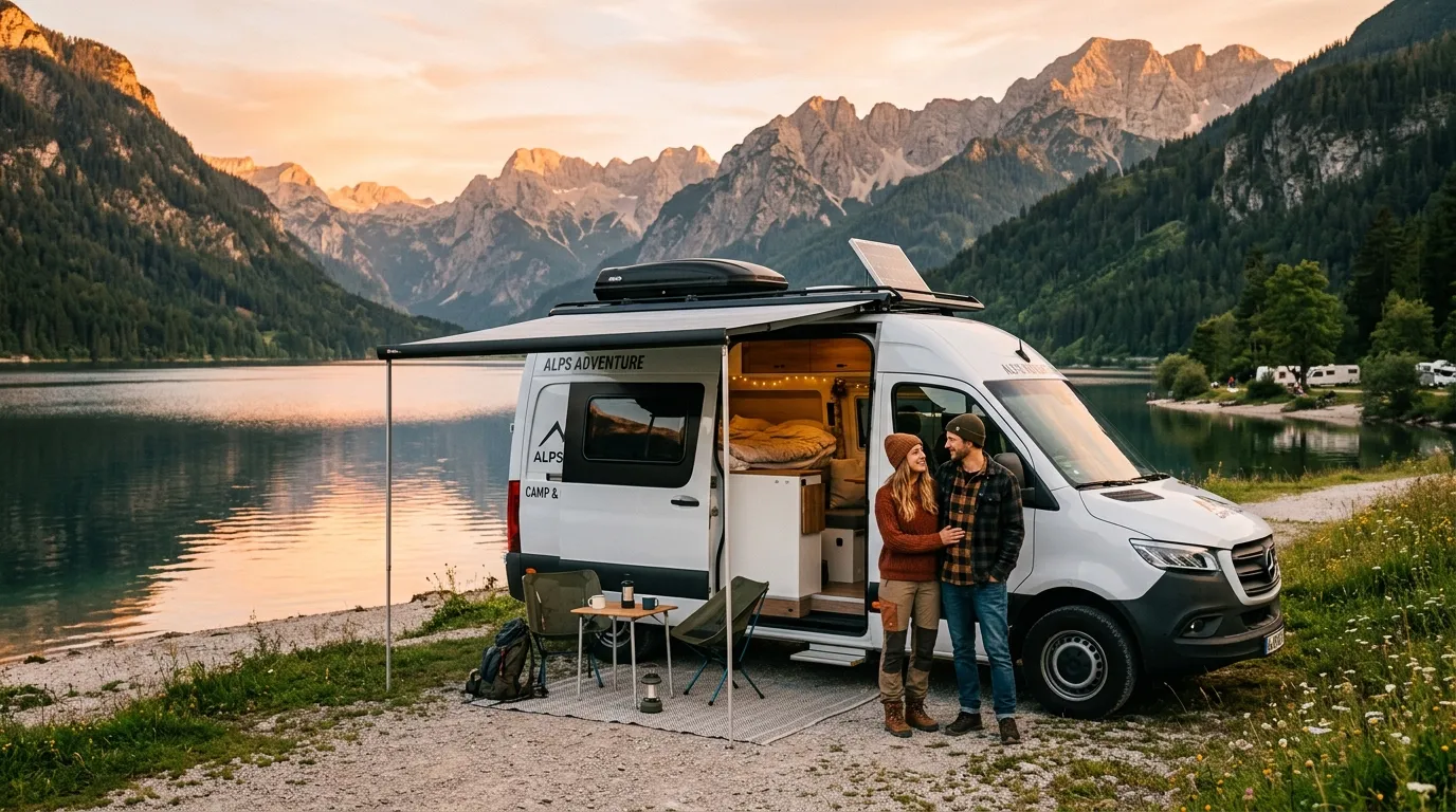 Wynajem kampera cena – kamper na tle gór z cenami wynajmu