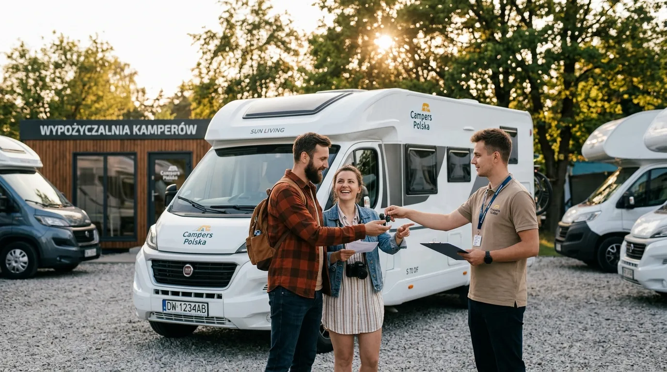 Wynajem kampera – para odbierająca kampera z wypożyczalni