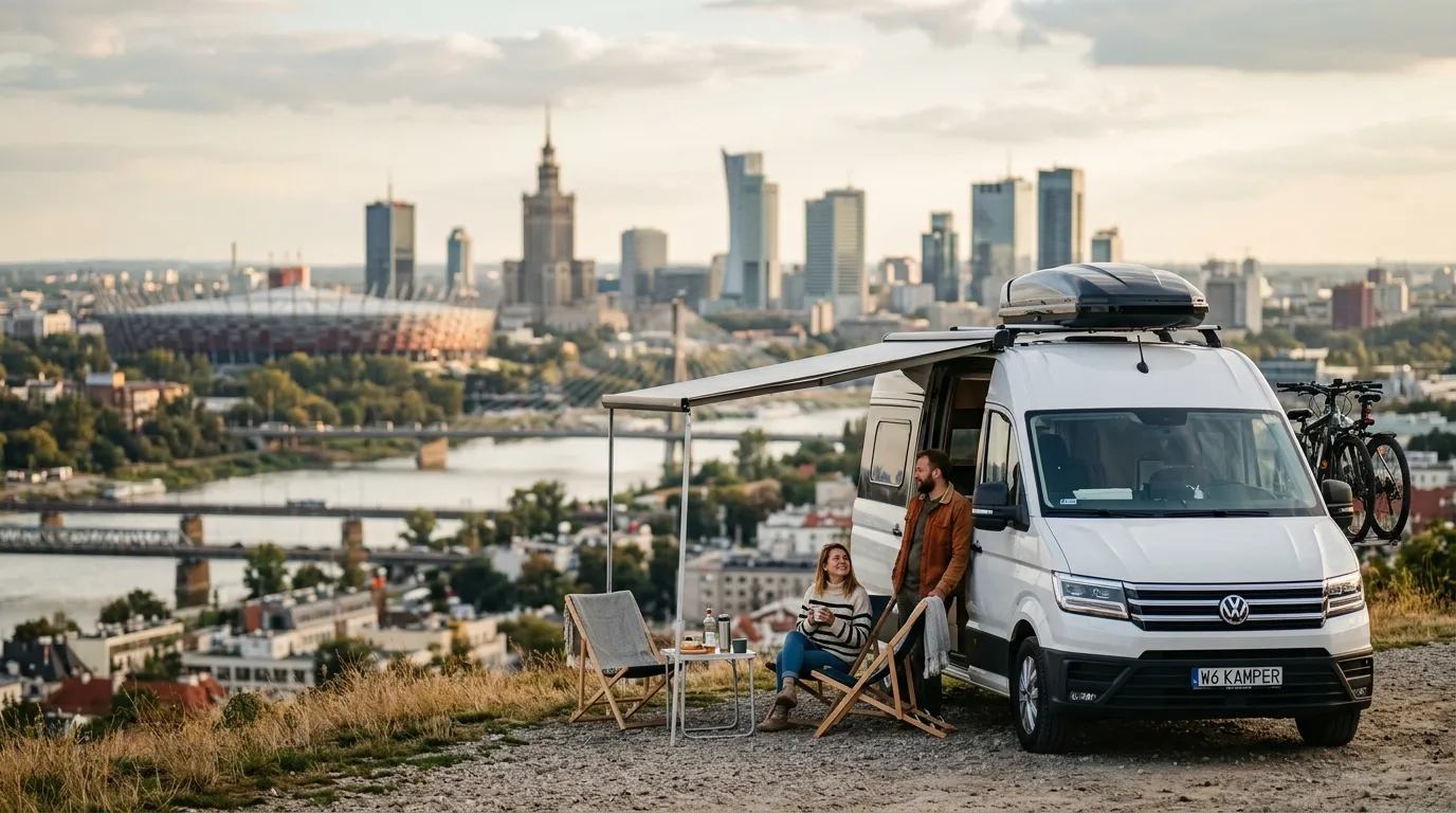Kamper zaparkowany na tle panoramy Warszawy