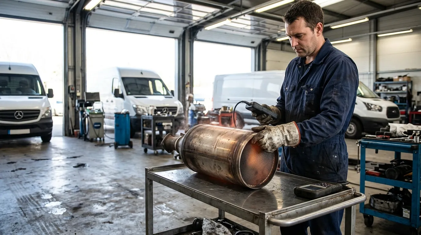 Filtr cząstek stałych DPF wyjęty z układu wydechowego busa dostawczego podczas regeneracji w serwisie